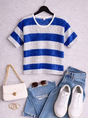 Boston Proper Blue and Silver Striped Sequin Short Sleeve Tee